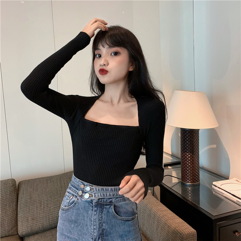 Áo len tay dài cổ vuông ôm sát màu trơn cho nữ | BigBuy360 - bigbuy360.vn