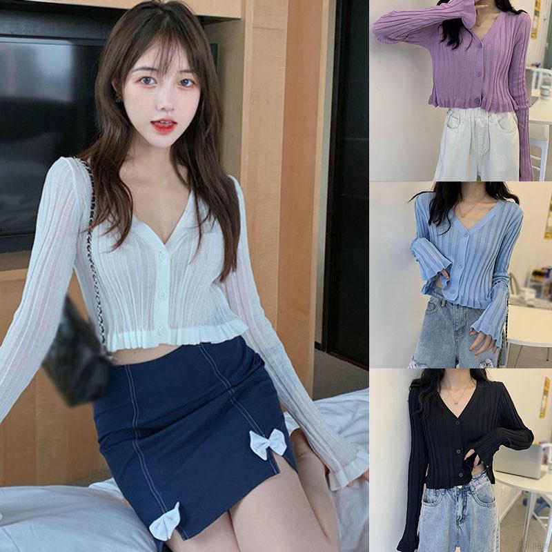 Áo Cardigan Dệt Kim Cổ Tim Xinh Xắn Cho Nữ