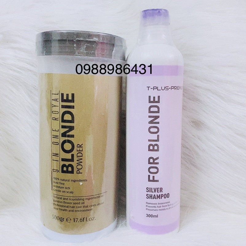 COMBO Tẩy tóc Blondie ,bột tẩy xanh 9 in one Royal Blondie Pơer - Dầu gội khử tím FOR BLONDE T-PLUS 300ml