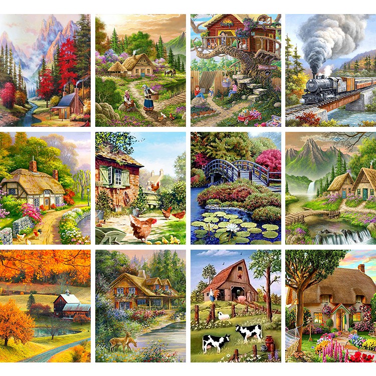 ♙Bộ tranh vải canvas tự tô màu acrylic theo số vẽ phong cảnh nông thôn 40x50cm treo tường cho người lớn