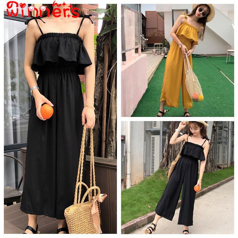 Jumpsuit trễ vai hai dây ống rộng cho nữ