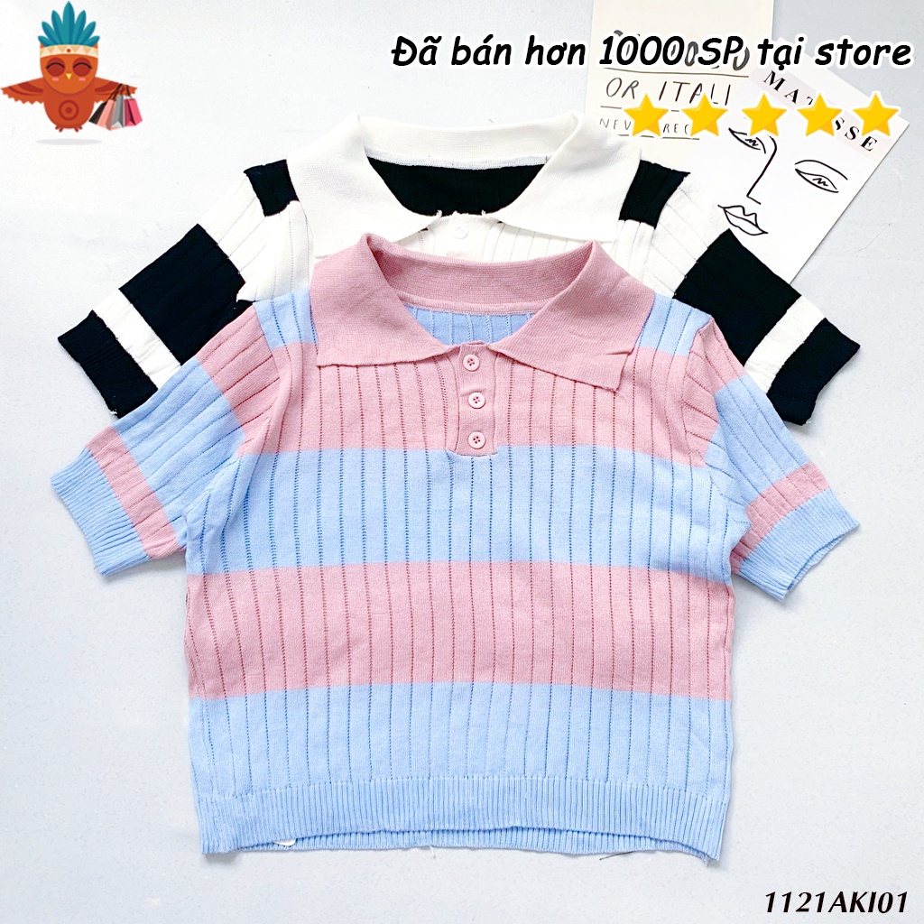 Áo len croptop cổ sọc tay ngắn THOCA HOUSE hồng xanh, trắng đen phong cách Hàn Quốc