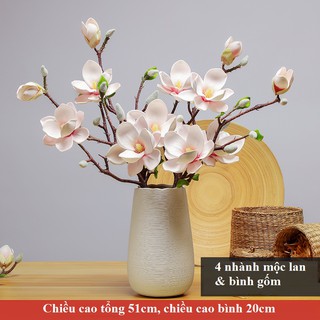 Hoa xốp giả [Tặng kèm bình gốm cao cấp] hoa vải lụa Mộc lan