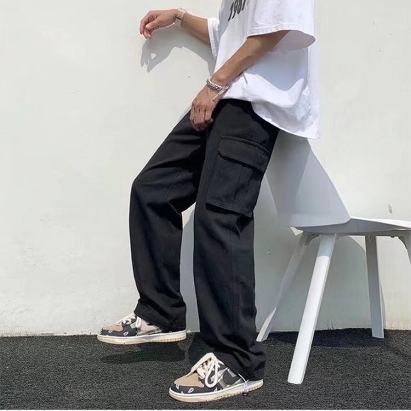 Quần Hiphop Ống Rộng Nhiều Túi Cotton Màu Trắng/Đen Thời Trang Cho Nam