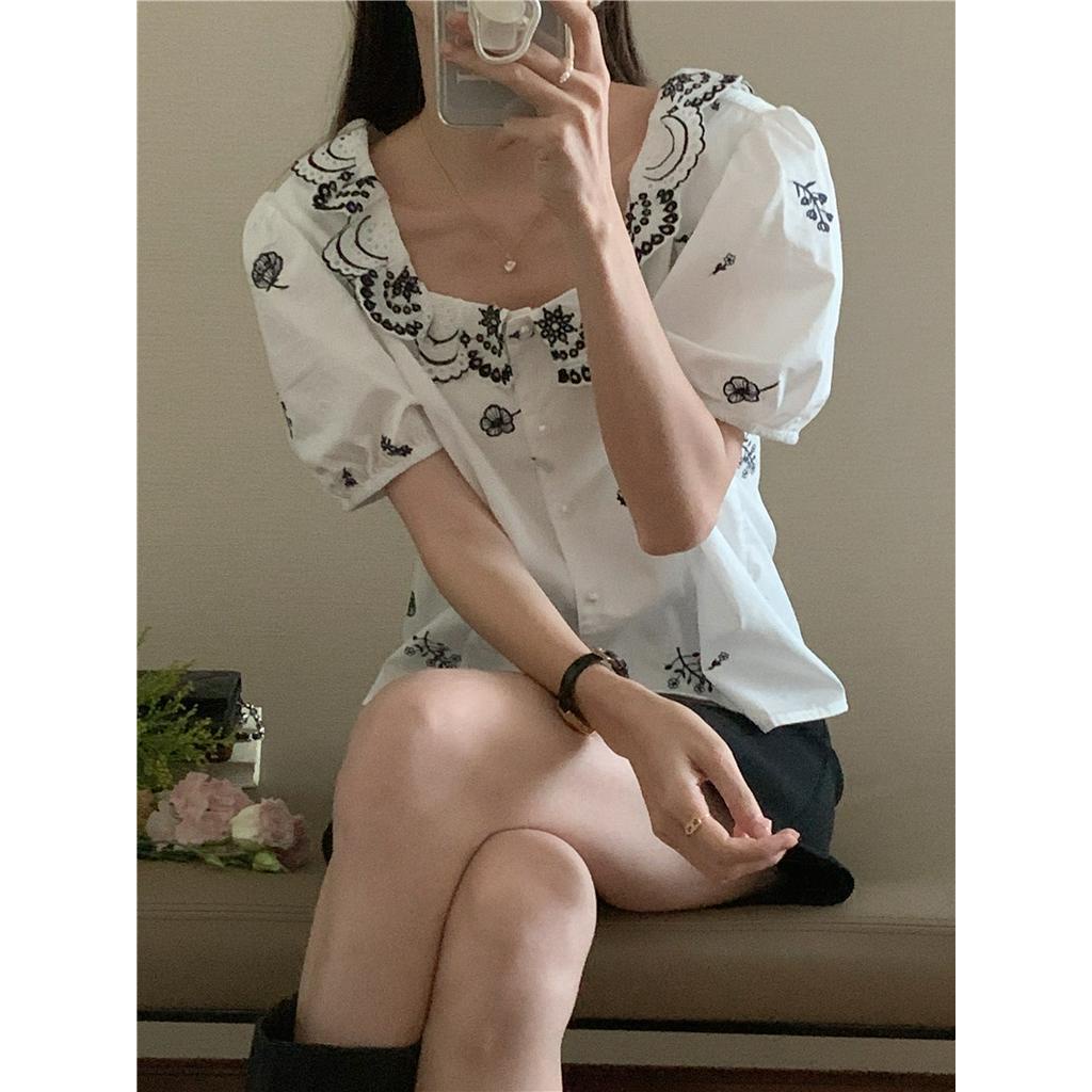 Áo Sơ Mi Ngắn Tay Thêu Họa Tiết Phong Cách Hàn Quốc 53508