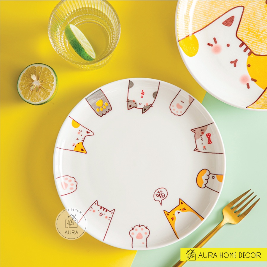 Bộ bát cơm, bát tô, đĩa hình mèo trắng vàng dễ thương - Chất liệu gốm sứ men bóng cao cấp