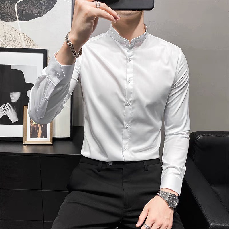 áo sơ mi nam cổ tàu màu đen trắng kiểu đẹp công sở hàn quốc cao cấp from đứng côn suông rộng lụa co giãn