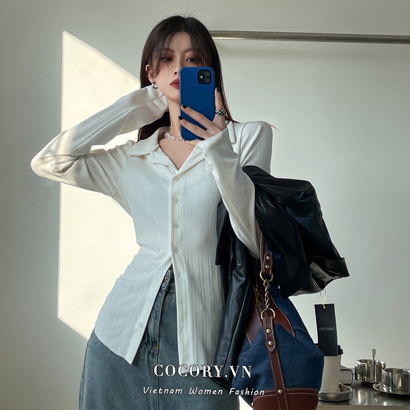 Cocory vn Áo sơ mi tay dài màu trơn dễ phối đồ thời trang sành điệu cho nữ