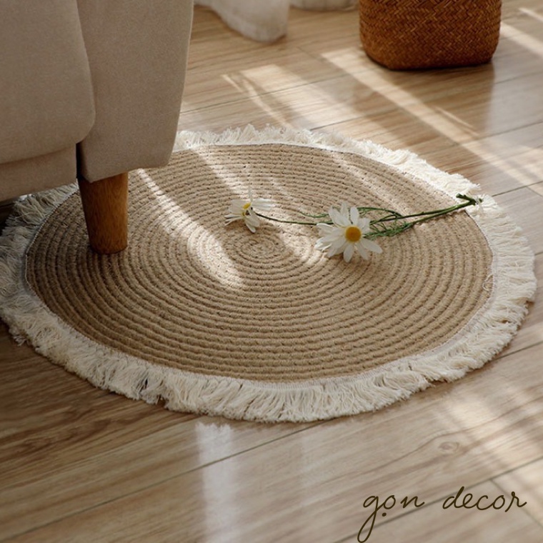 Thảm cói dày dặn viền tua rua phong cách Vintage - Gọn Decor