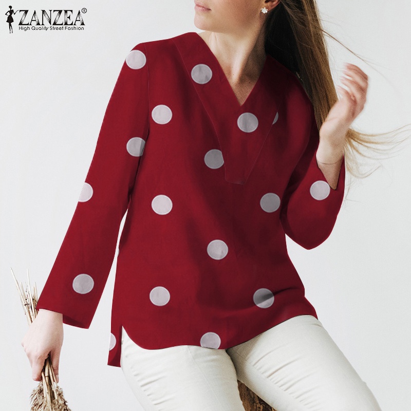 Zanzea Áo Nữ Tay Dài Cổ Chữ V Họa Tiết Chấm Bi Phong Cách Châu Âu