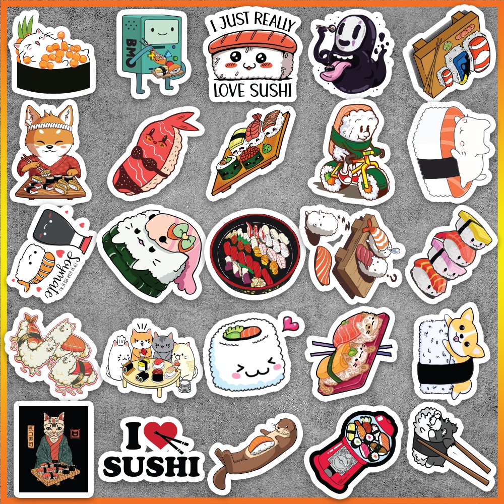 Set 50 cái Sticker Sushi, Hình Dán Sushi Chống Nước, Decal Sushi Cute dán mũ bảo hiểm, vali, latop