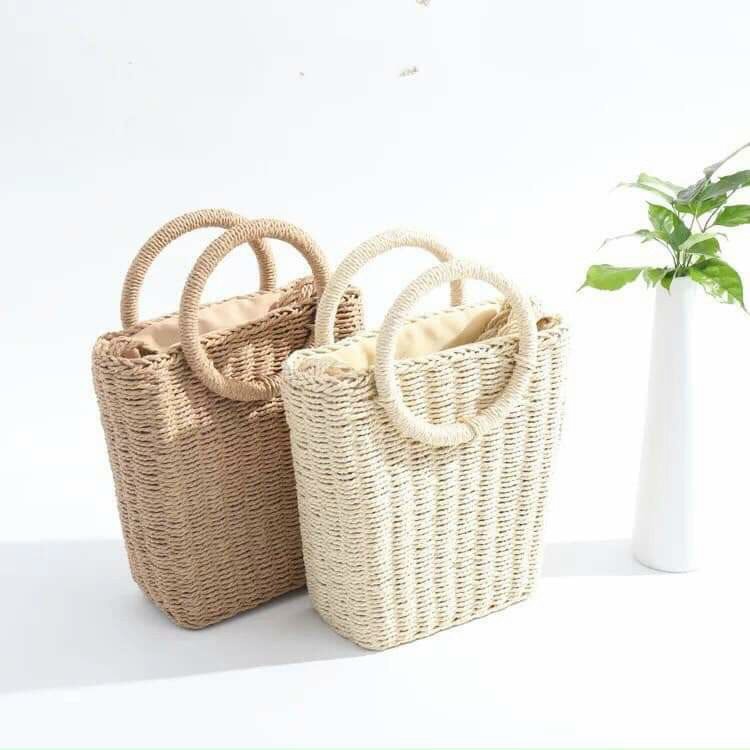 Túi cói cứng hình thang đeo chéo - quai tròn cầm tay - phong cách Vintage