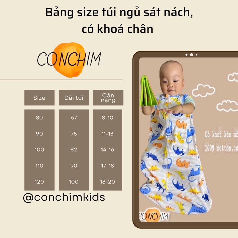 Túi ngủ cho bé mùa hè 1 lớp cotton Conchimkids.Sát nách,có khoá chân