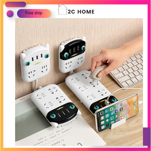 Ổ cắm điện đa năng thông minh hình tai mèo dễ thương 3 cổng USB 5v sạc nhanh, dây nối 1,2 m chống dật – 2C Home