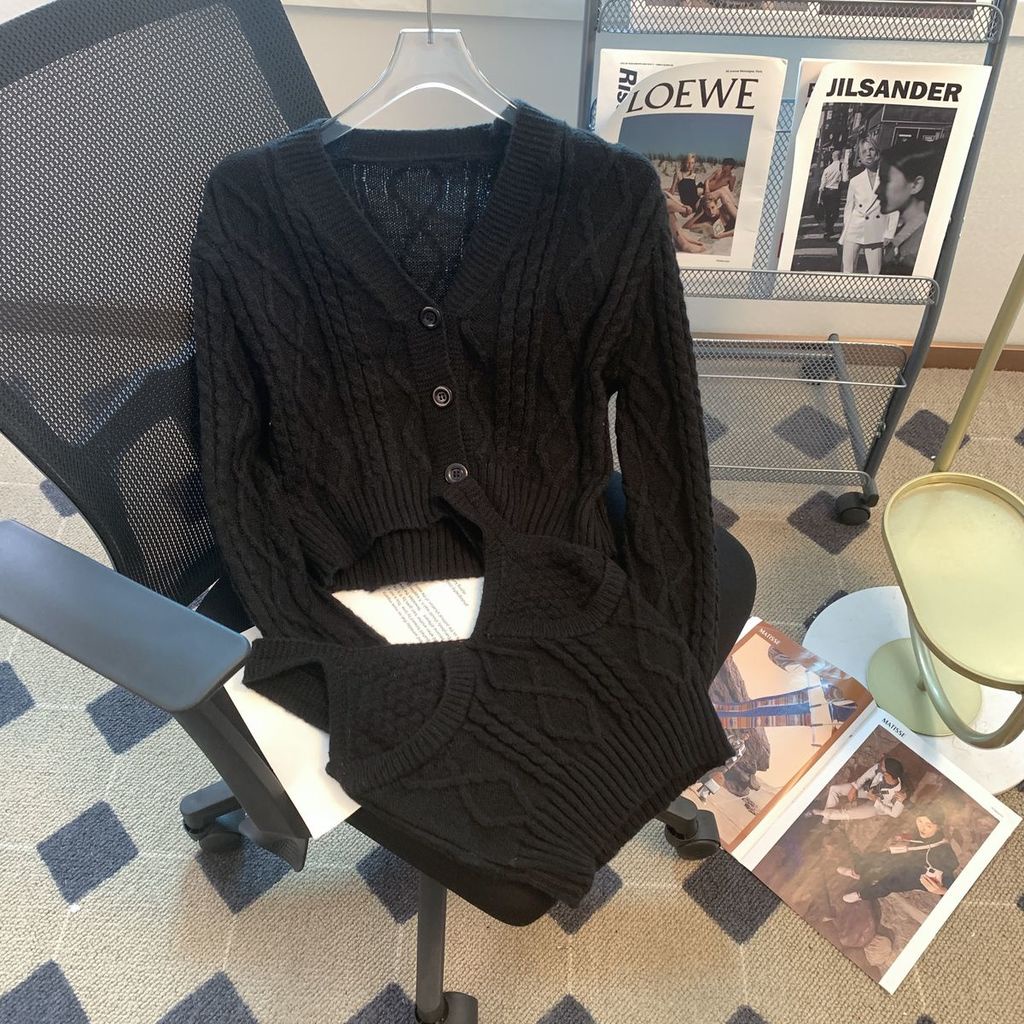 Bộ Áo cardigan Cổ Chữ V Dáng Ôm + Quần Yếm Phong Cách Hàn Quốc Thời Trang Thu Đông Cho Nữ