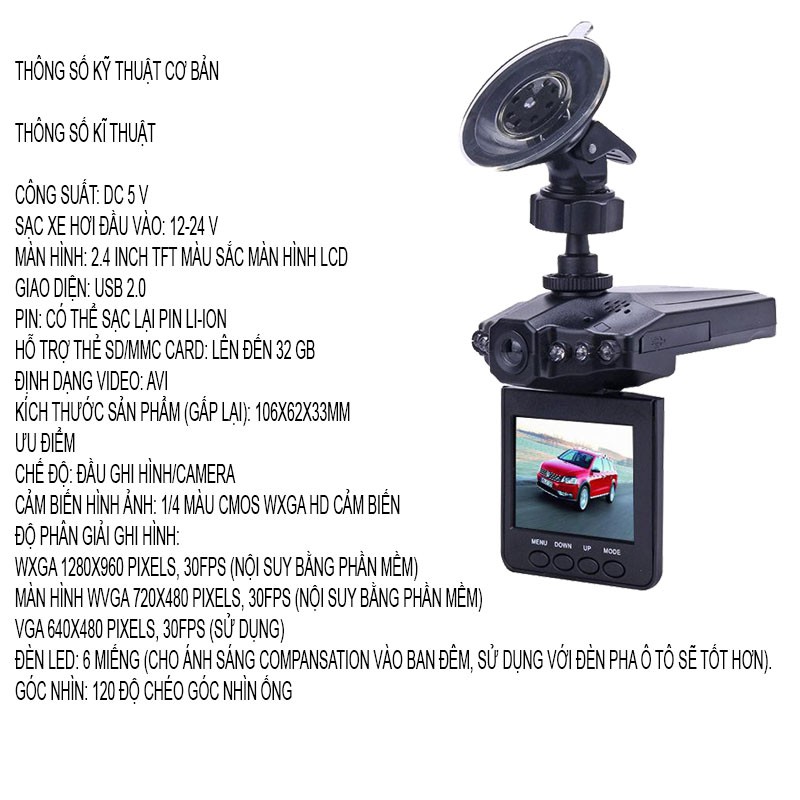 Camera hành trình ô tô H198 2.4 inch TFT màn hình LCD-HD 1080P giao diện USB 2.0 góc quay 270 độ | BigBuy360 - bigbuy360.vn
