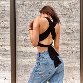 Áo ba lỗ croptop thiết kế hở lưng có dây buộc phong cách gợi cảm