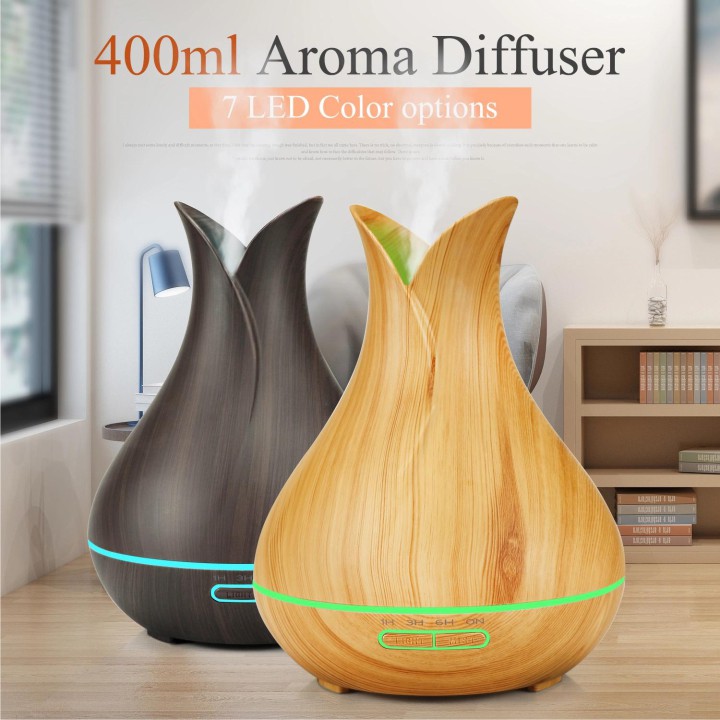 (A03-400ml) Máy khuếch tán tinh dầu Aroma – Kiểu dáng Bình hoa vân gỗ tự nhiên – Chế độ Led 7 màu – Bảo hành 1 năm