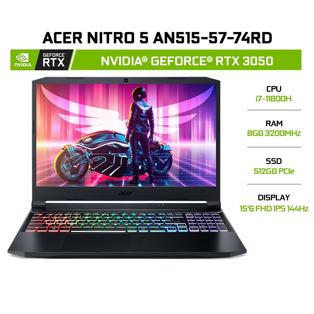 [Mã ELMALL1TR giảm 5% đơn 3TR] Laptop Acer Nitro 5 AN515-57-74RD i7-11800H | 8GB | 512GB | RTX 3050 4GB |15.6' FHD