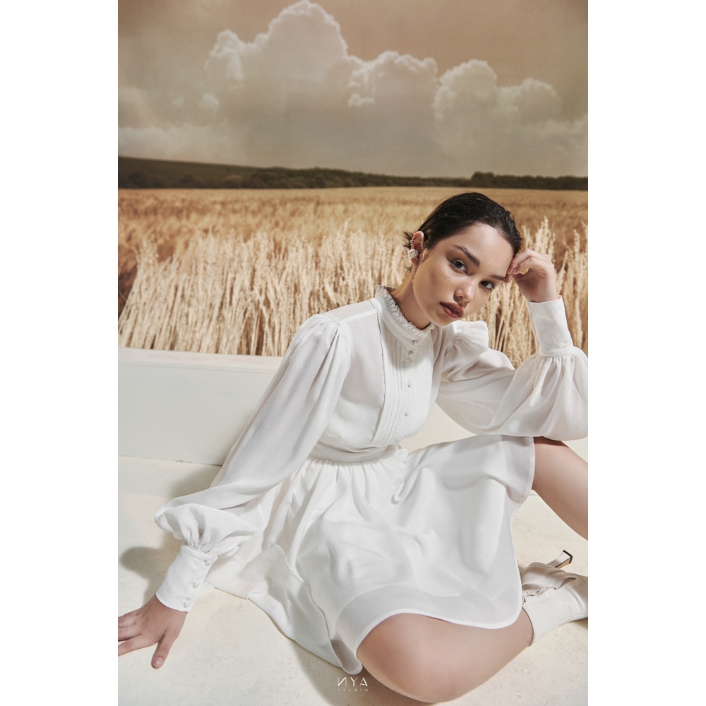 Đầm xòe ngắn tay dài phồng, cổ nhún bèo kín đáo MADELYNN MIDI DRESS | NYA STUDIO