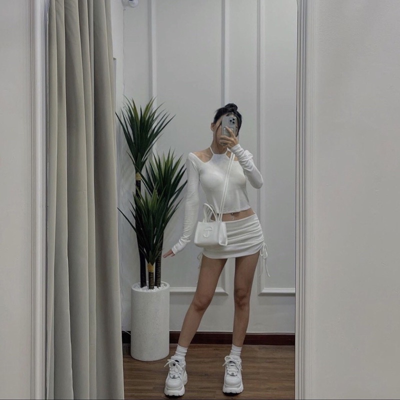 ÁO CROPTOP NỮ VẠT BẦU TAY DÀI CỔ YẾM HỞ VAI BODY ÔM CHIZISHOP - Mã ATD101