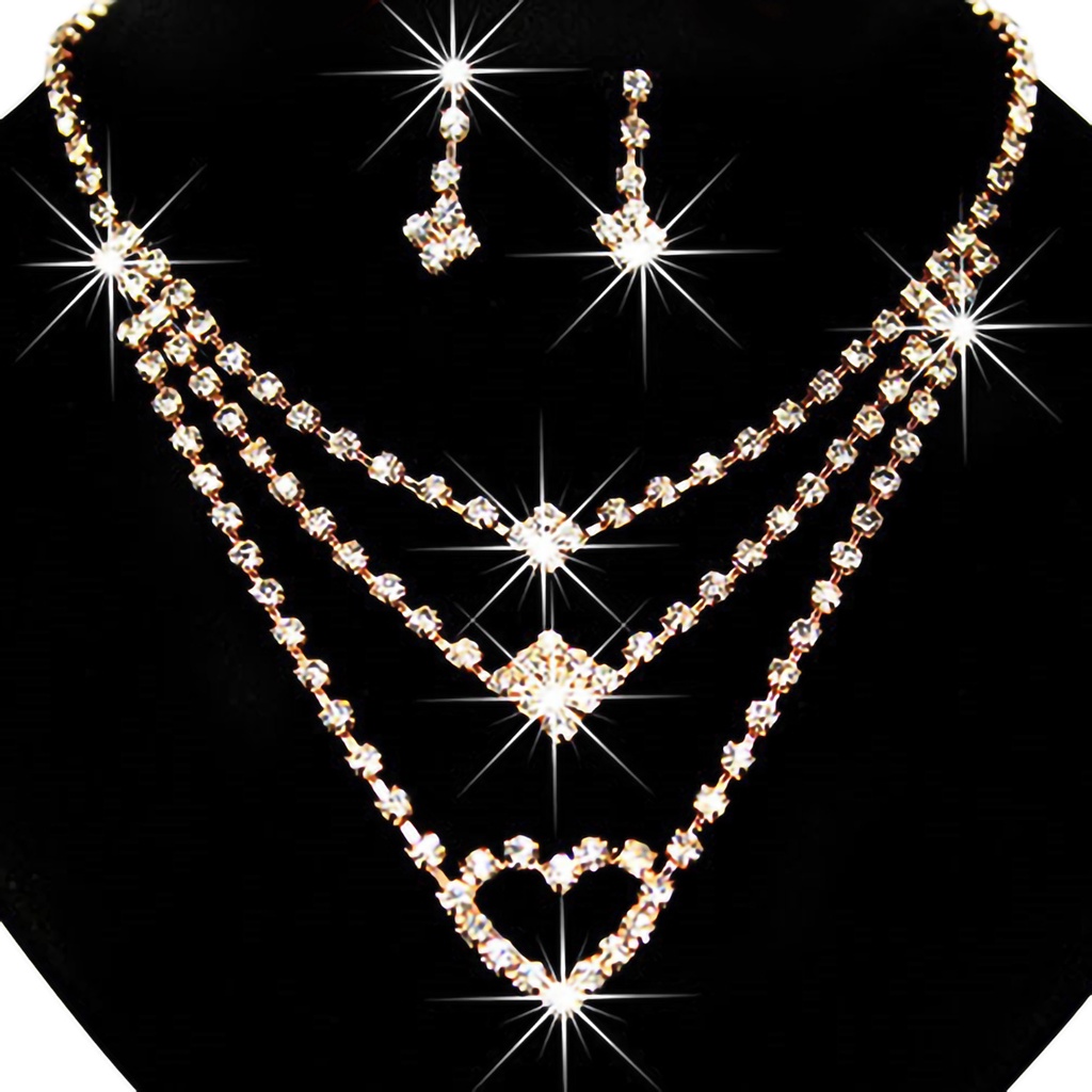 Bộ dây chuyền nhiều tầng mặt hình trái tim + đôi khuyên tai đính đá nhân tạo lấp lánh cho nữ