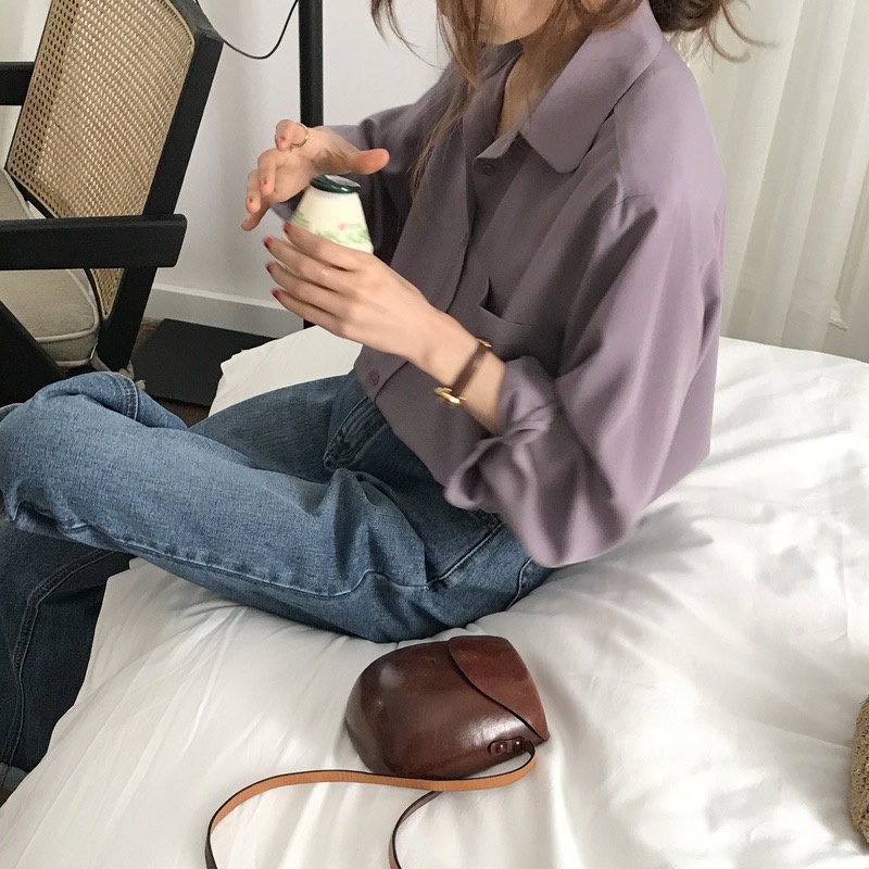 Áo sơ mi dáng trơn tay dài dáng rộng phong cách retro cho nữ