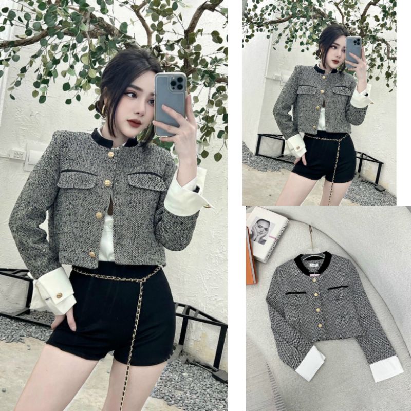 Áo Dạ Tweed Ms.1716 Áo Dáng Ngắn Crotop Cổ Pha, Tay Lật Đính Cúc Đồng, Hàng Loai 1 Hai Lớp Có Đệm Vai
