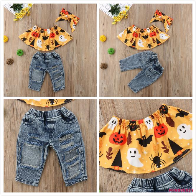 Set 3 Món Áo Trễ Vai + Quần Denim + Băng Đô Cho Bé Gái