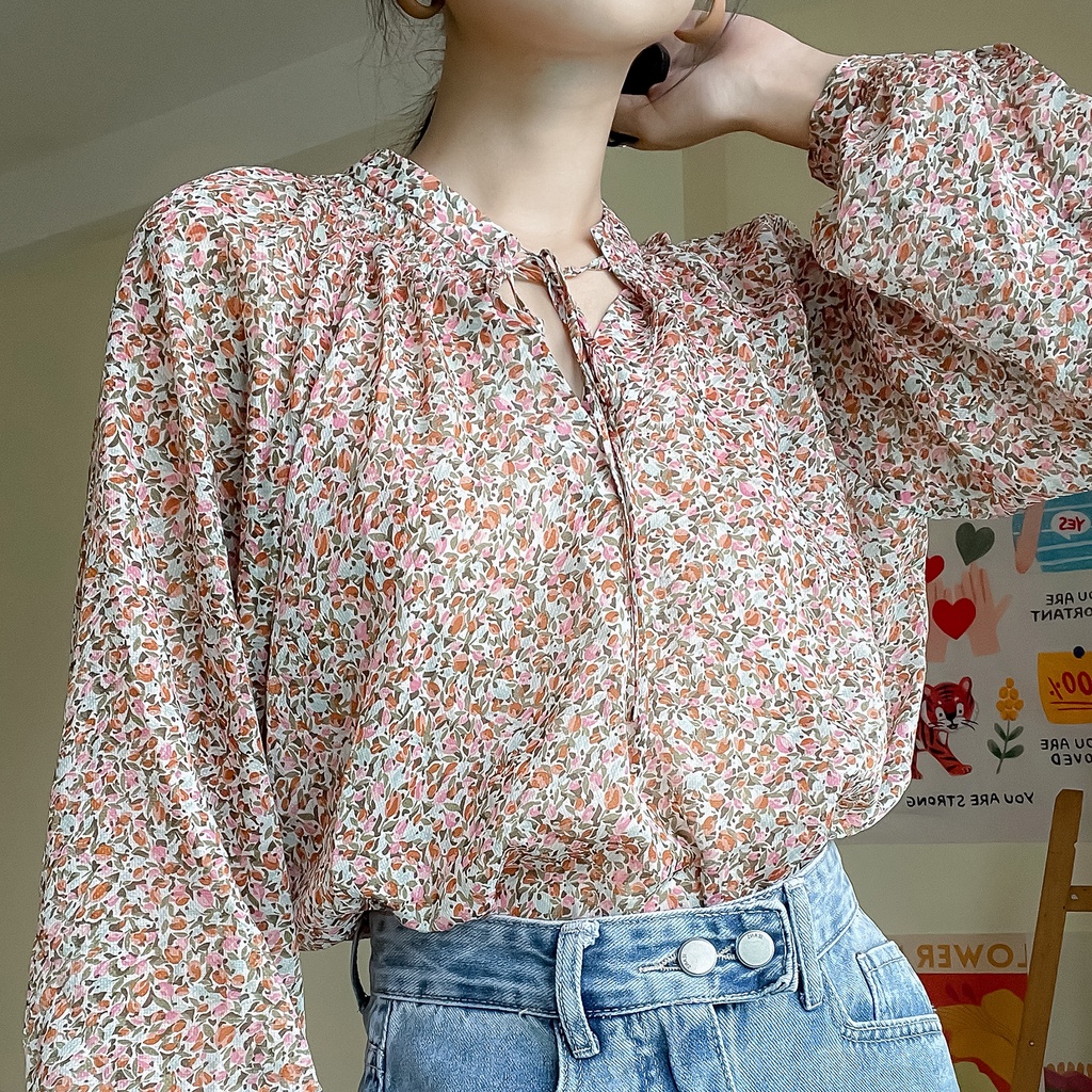 Áo kiểu nữ dài tay cổ xẻ cách điệu nhẹ nhàng Cari [ Méo Shop ]