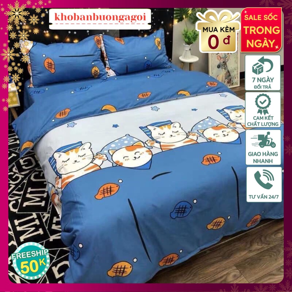 Ga bọc đệm bo chun-vải cotton poly mềm mịn-1m2/1m4/1m6/1m8-mẫu mèo đắp chăn