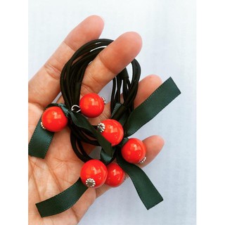 Cột tóc 3 dây đính hạt cherry đỏ nơ xanh