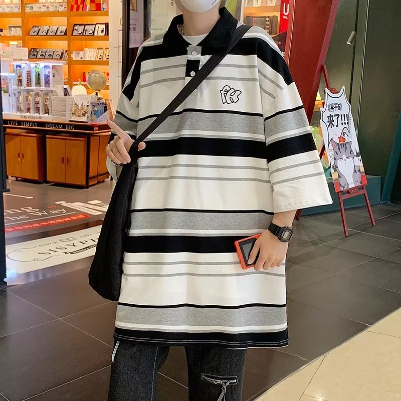 Áo Thun POLO Ngắn Tay Form Rộng Họa Tiết Kẻ Sọc Phong Cách Hiphop Đường Phố Hàn Quốc