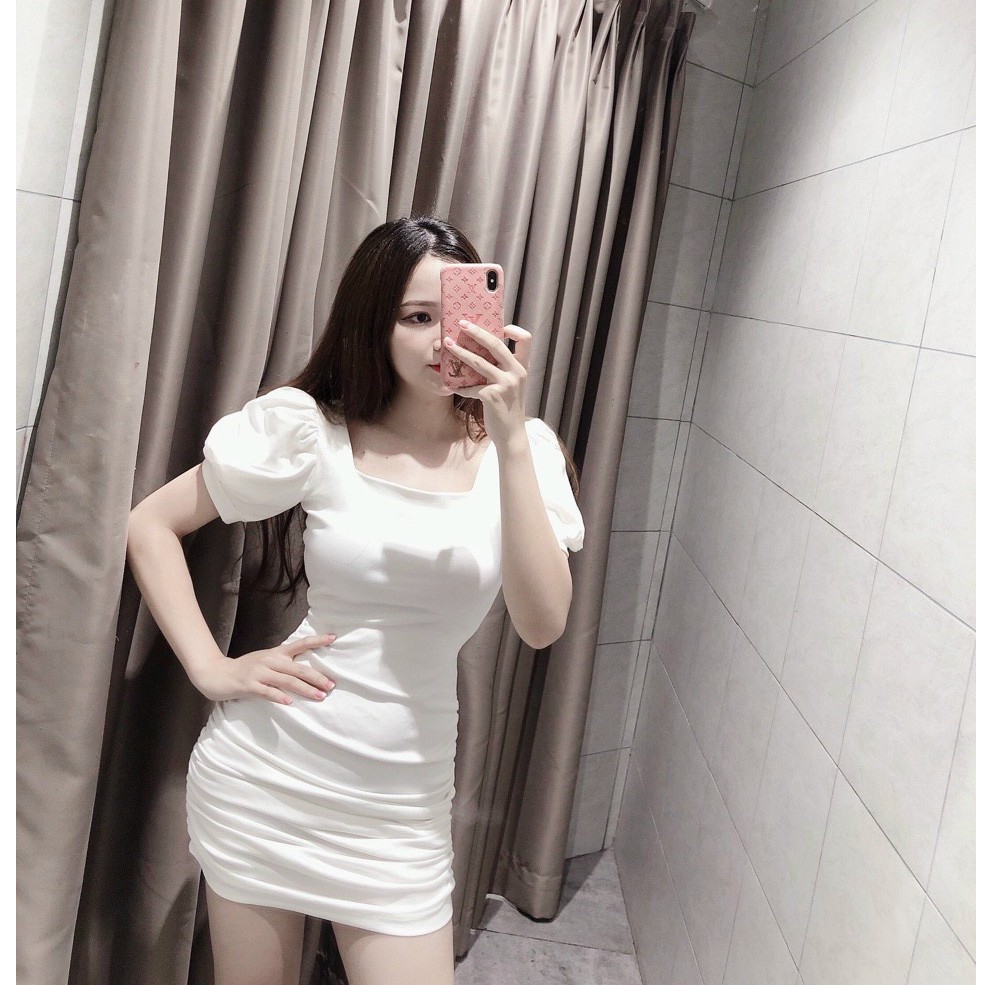 ĐẦM BODY NHÚN SƯỜN CỔ VUÔNG TAY PHỒNG CHẤT THUN DÀY DẶN | BigBuy360 - bigbuy360.vn