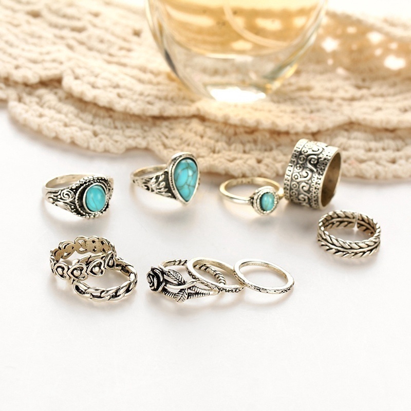 Creative 10PCS/Set Simple Vintage Metal Turquoise Geometric Ring Alloy Rings Sets Gifts