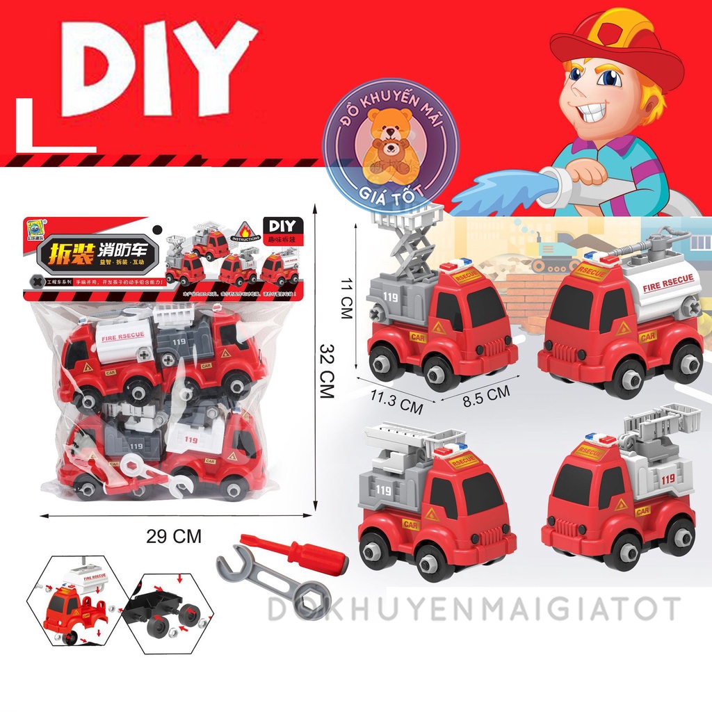 Túi đồ chơi lắp ráp xe cứu hoả loại to bộ 4 xe có kèm tua vích dành cho bé thích lắp ghép mô hình xe 666-632