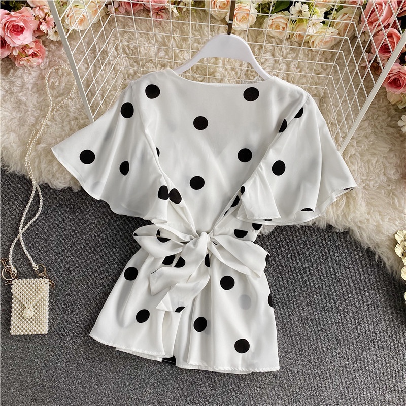 Áo kiểu ZANZEA cổ chữ V tay ngắn họa tiết chấm bi retro thời trang cho nữ