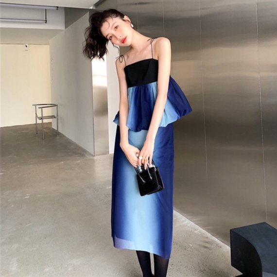 MUSHROOM LEE - Váy Suông Xanh Dương Lưng Cao Gradient