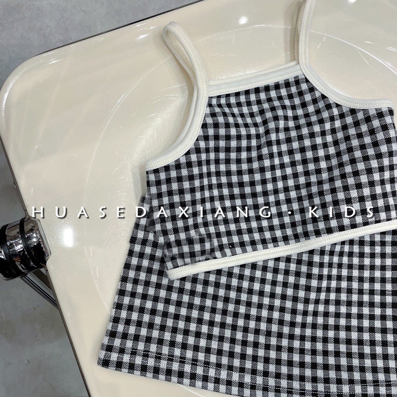 Bộ Áo Thun Tay Ngắn Và Váy 2 Dây Họa Tiết Ca Rô Phong Cách Hàn Quốc Dành Cho Bé Gái 10 Tuổi