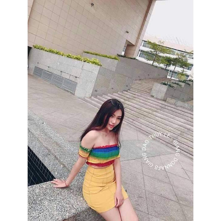 ÁO VOAN CROPTOP ÔM BODY NGẮN CO GIÃN - ÁO KIỂU CRT ULZANG NGẮN TAY BẸT TRỄ VAI CẦU VỒNG RAINBOW 98