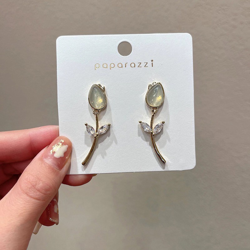 Bông Tai Mạ Bạc Hình Hoa Tulip Đính Đá Opal Sang Trọng Phong Cách Hàn Quốc