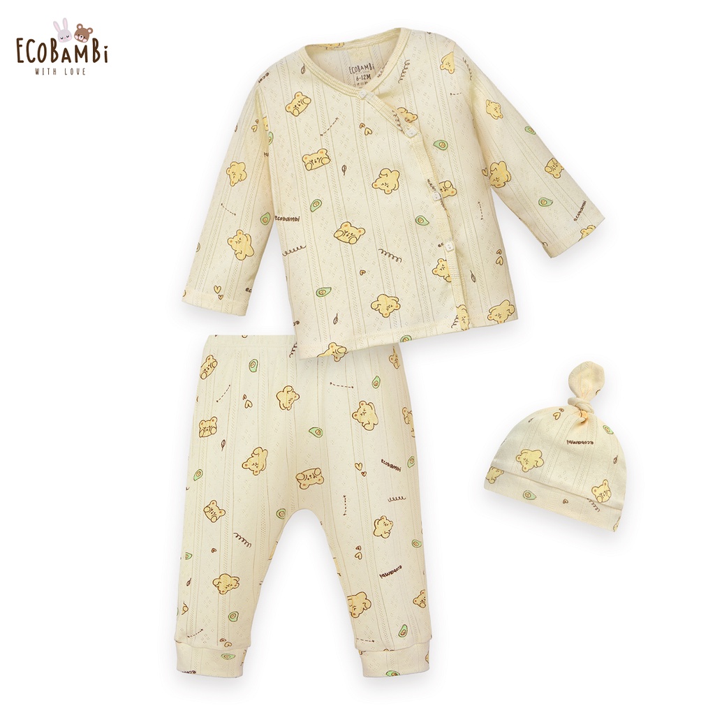 NEWBORN - Bộ thun cotton CÀI CHÉO, DÀI TAY dành cho trẻ sơ sinh, kiểu dệt Jacquard in hoạ tiết Ecobambi