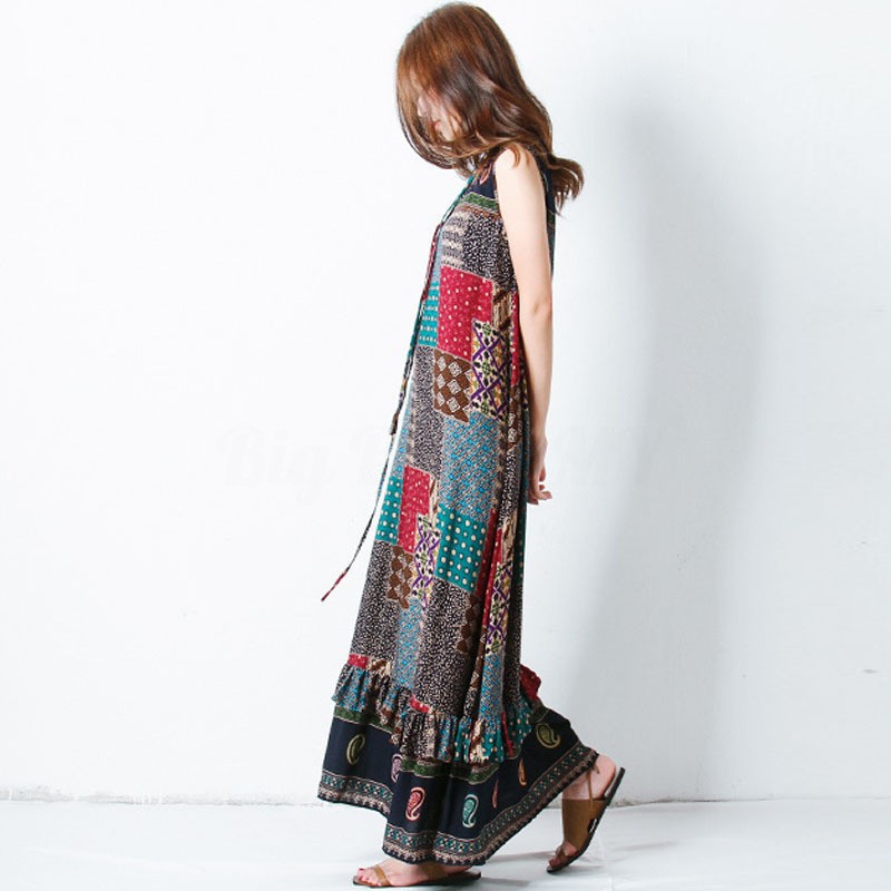 Đầm maxi in họa tiết hoa phong cách boho thời trang cho nữ có thắt dây