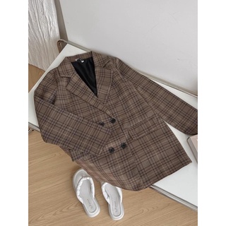 ÁO BLAZER 2 LỚP KẺ NÂU CHOCO (ảnh thật/sẵn)