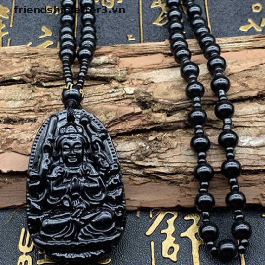 1 Vòng cổ Đá obsidian Đen Tự Nhiên Khắc Hình Phật