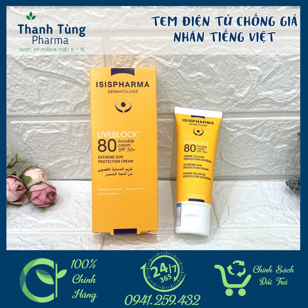 KEM CHỐNG NẮNG UVEBLOCK 80 TINTED CREAM ✅[CHÍNH HÃNG] ✅ISIS PHARMA KHÔNG MÀU CHO DA NHẠY CẢM