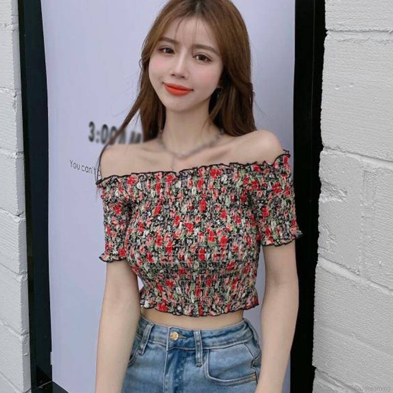 Áo Croptop Chất Chiffon Hoạ Tiết Hoa Thiết Kế Trễ Vai Quyến Rũ