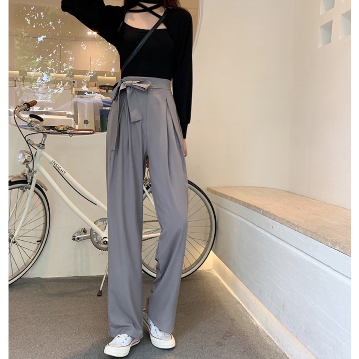 Quần ống suông rộng eo cao màu trơn thời trang Hàn Quốc tối giản cho nữ