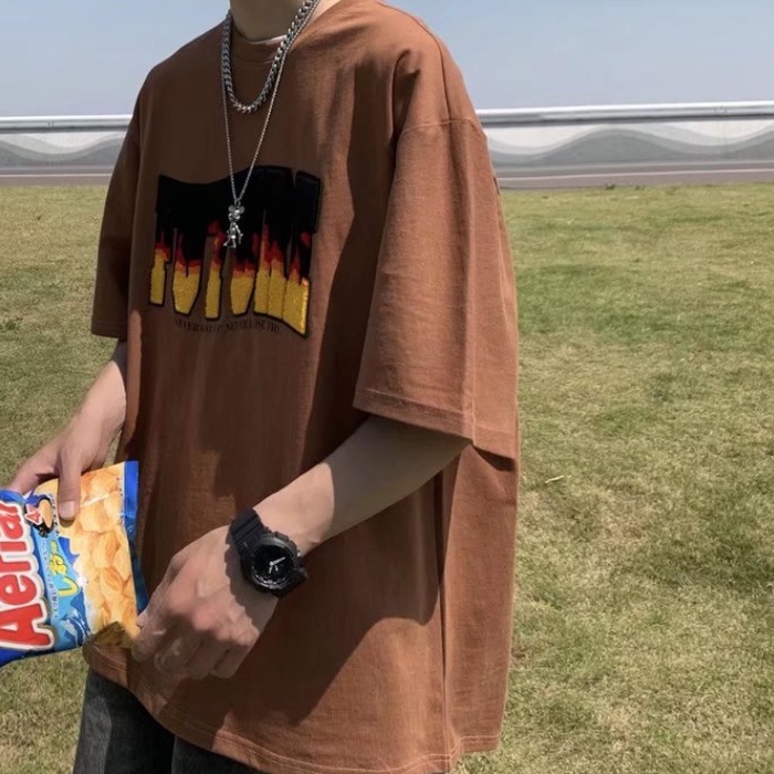 Áo Thun Nam Tay Ngắn Dáng Rộng Có Thêu Chữ Thời Trang Phong Cách