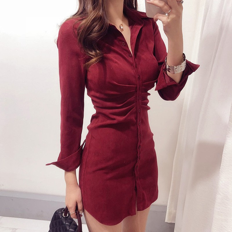 Váy sơ mi thiết kế độc lạ eo xếp ly ôm body dọc khuy Style Retro Korea sang chảnh